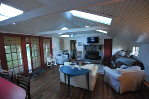 Smart TV, fireplace, books