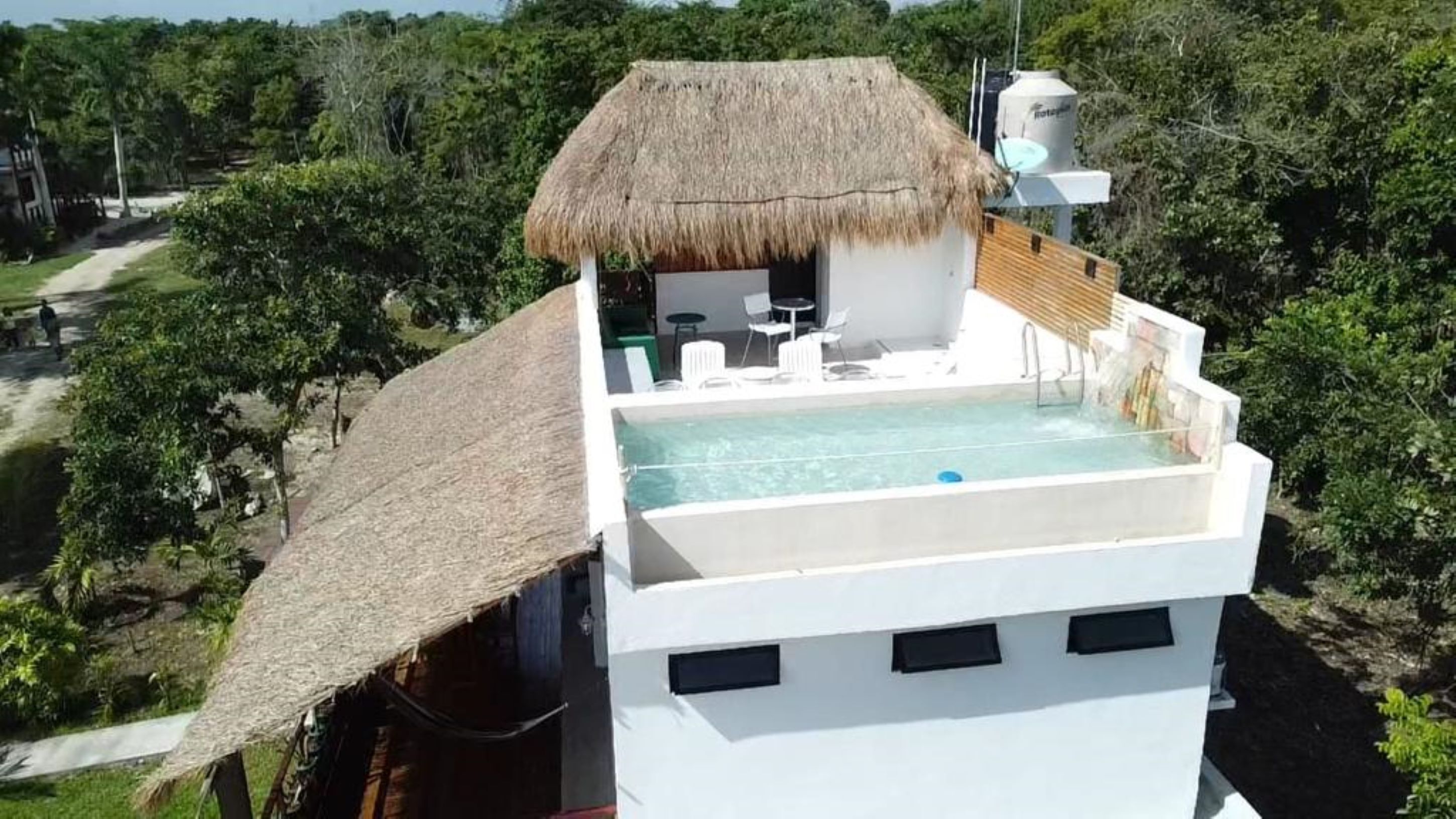 Edifici modern amb piscina i estructura de teulada de palla.