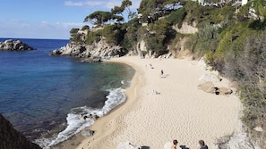 Une plage avec une eau d’un bleu limpide, un rivage sablonneux et des falaises rocheuses couvertes de végétation.