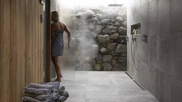 Relax in a serene spa room with a large mirror, shower area, and comfortable seating.