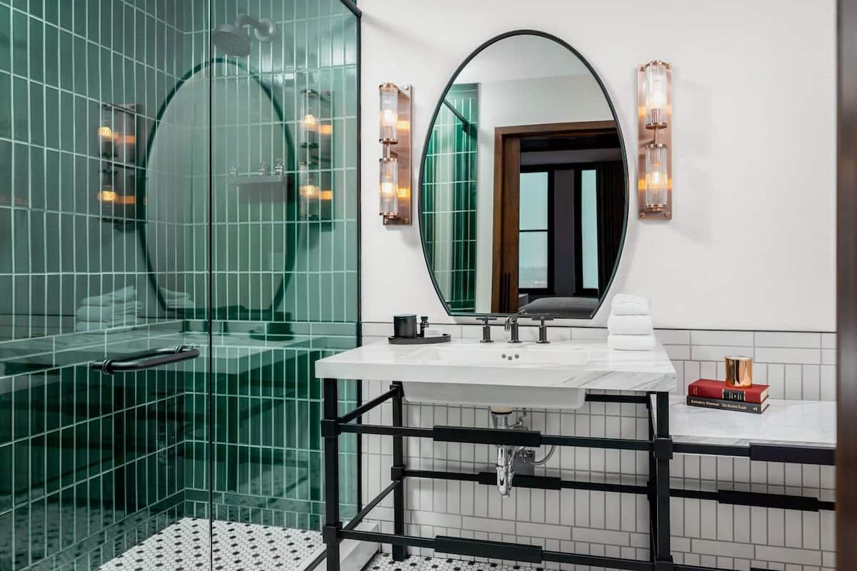 designer toiletries, hair dryer, bathrobes, towels