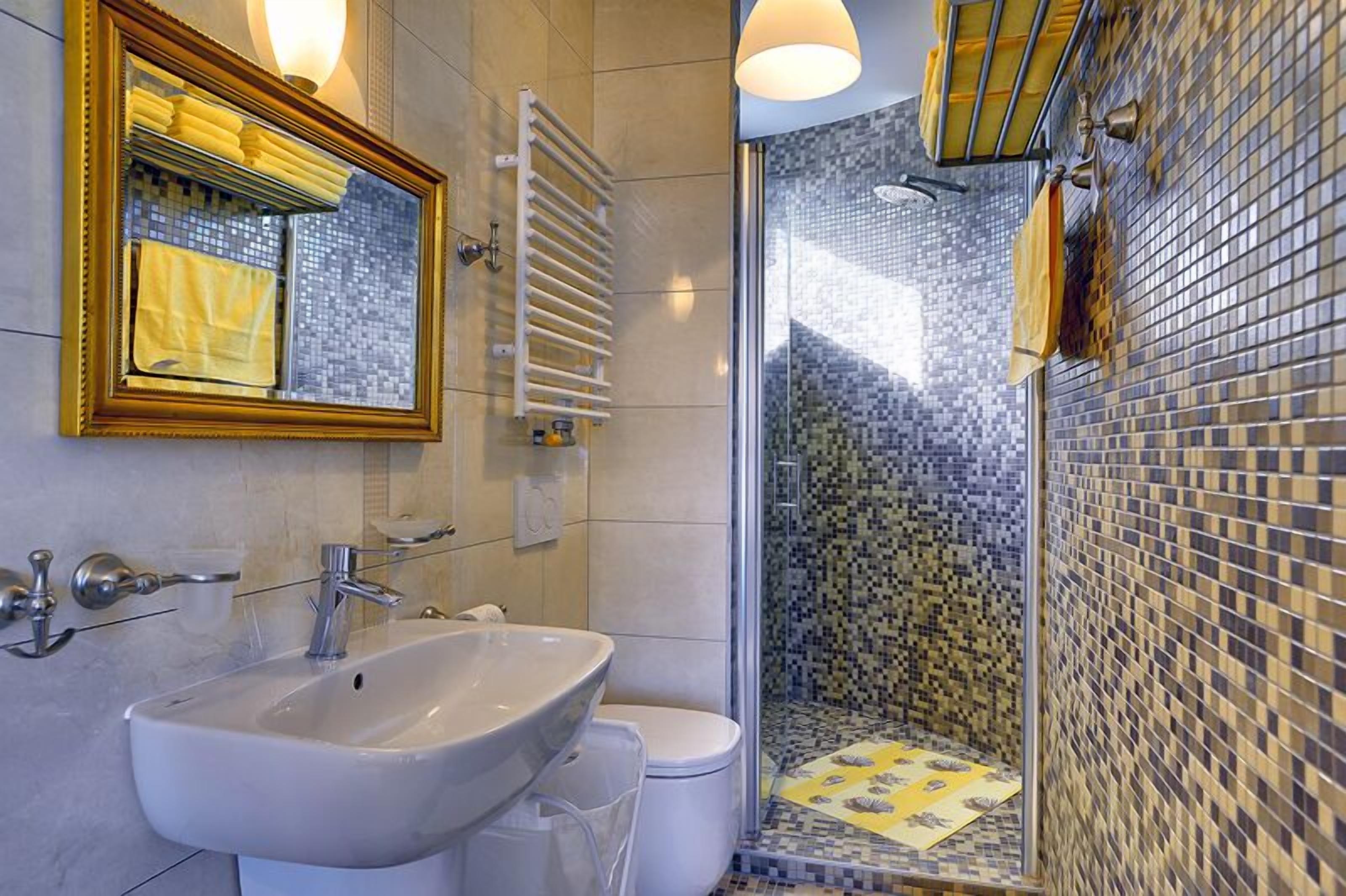 A bathroom with a white sink, a toilet, a shower with mosaic tiles, and a mirror with a gold frame.
