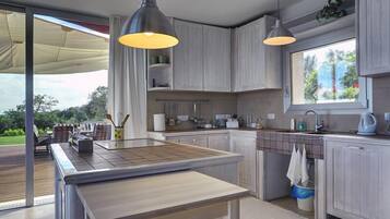 Fridge, stovetop, dishwasher, coffee/tea maker