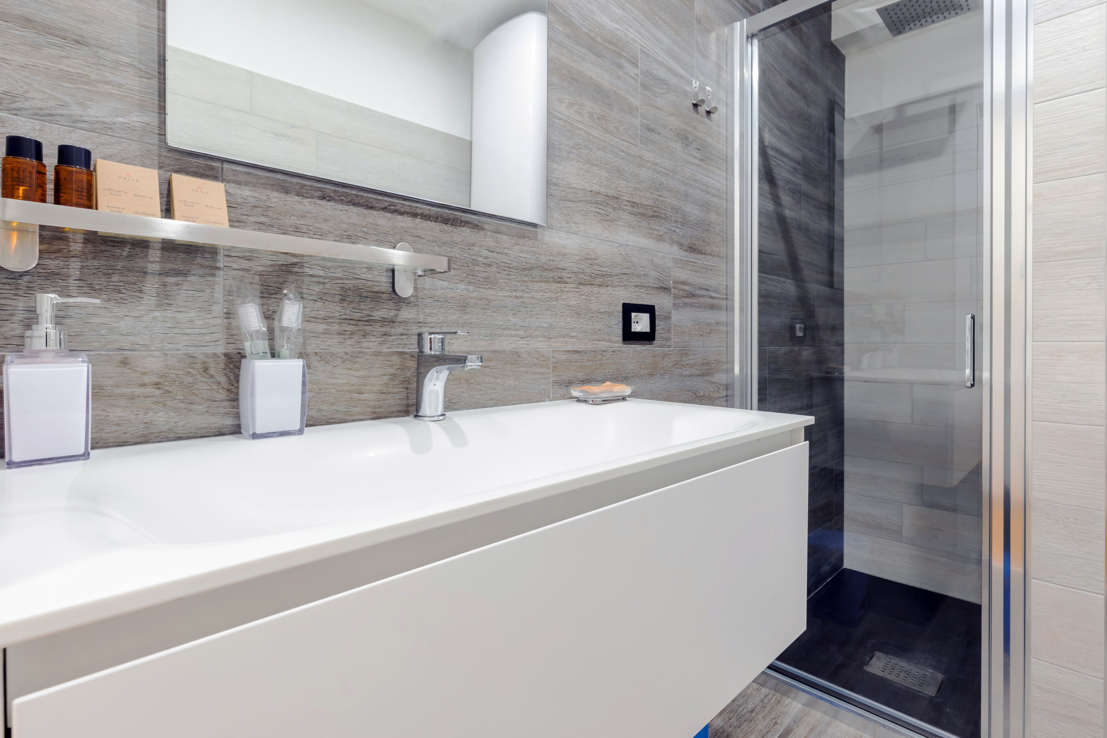 Shower, hair dryer, bidet, towels