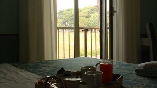 A room with a bed, a table with a basket containing a glass of red drink, and a view of a tree-lined area outside. - B&B La Lampara (Castellabate)