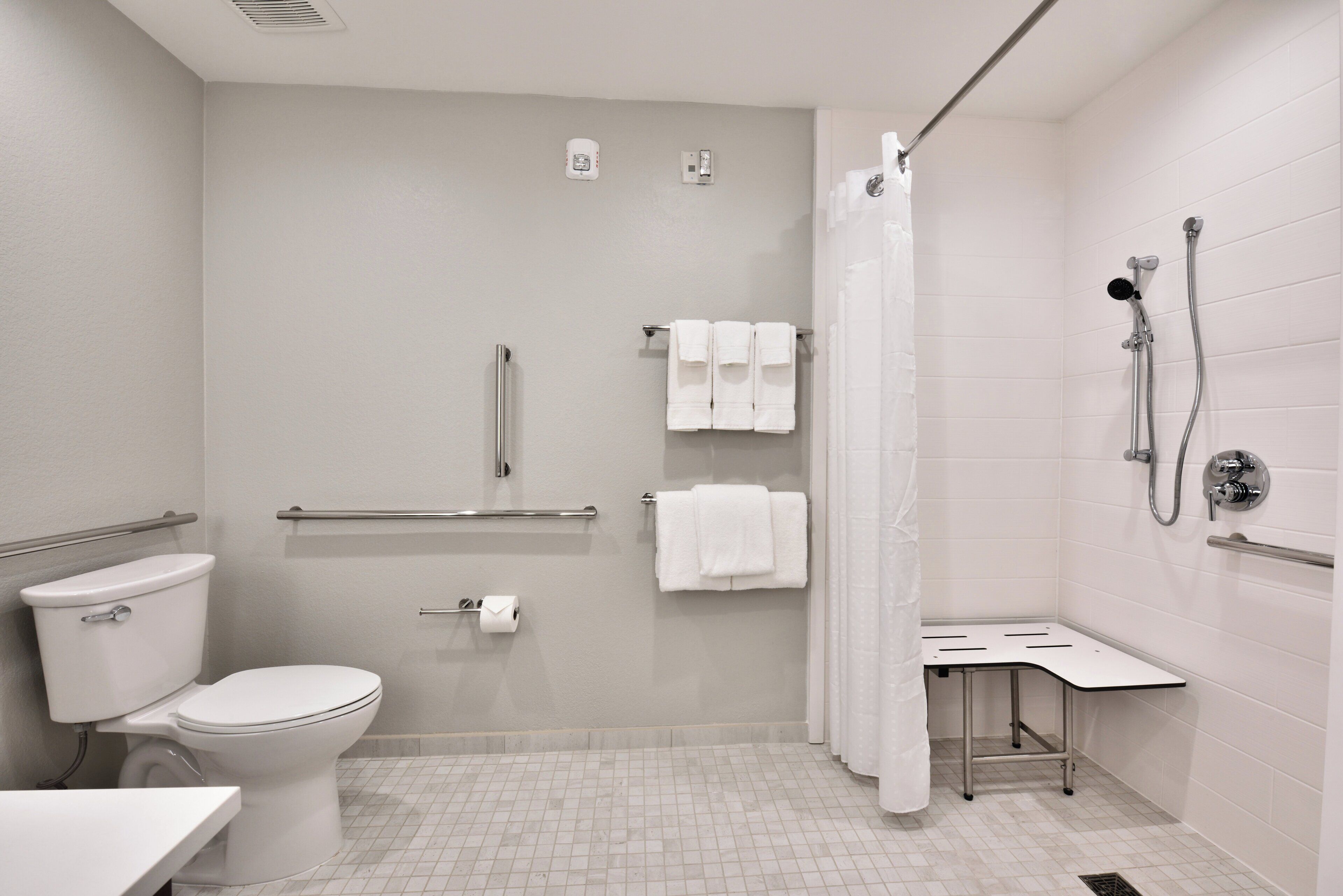 A modern bathroom with a toilet, shower, and grab bars.