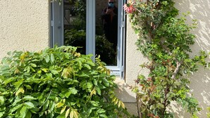 Une fenêtre donnant sur un jardin, une porte et une personne prenant une photo.