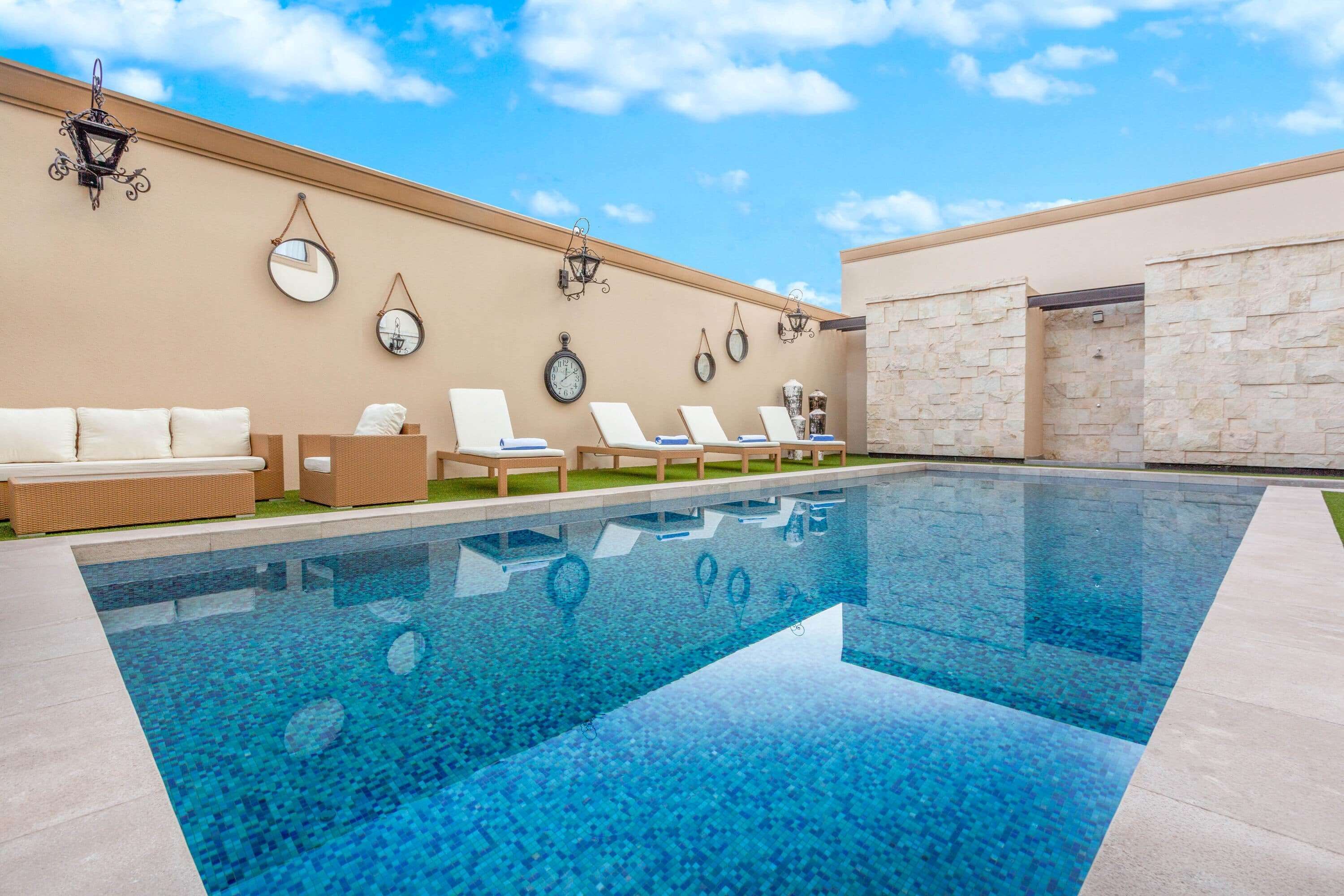 outdoor pool, pool loungers