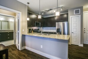 City Apartment | Private kitchen | Full-size fridge, microwave, oven, dishwasher