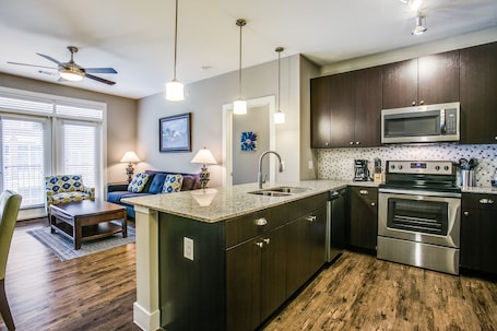 City Apartment | Private kitchen | Full-size fridge, microwave, oven, dishwasher