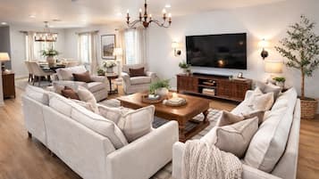 Smart TV, chimenea y estéreo