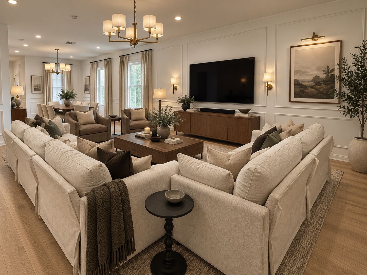 A modern living room with a sofa set, a coffee table, a TV, and a chandelier.