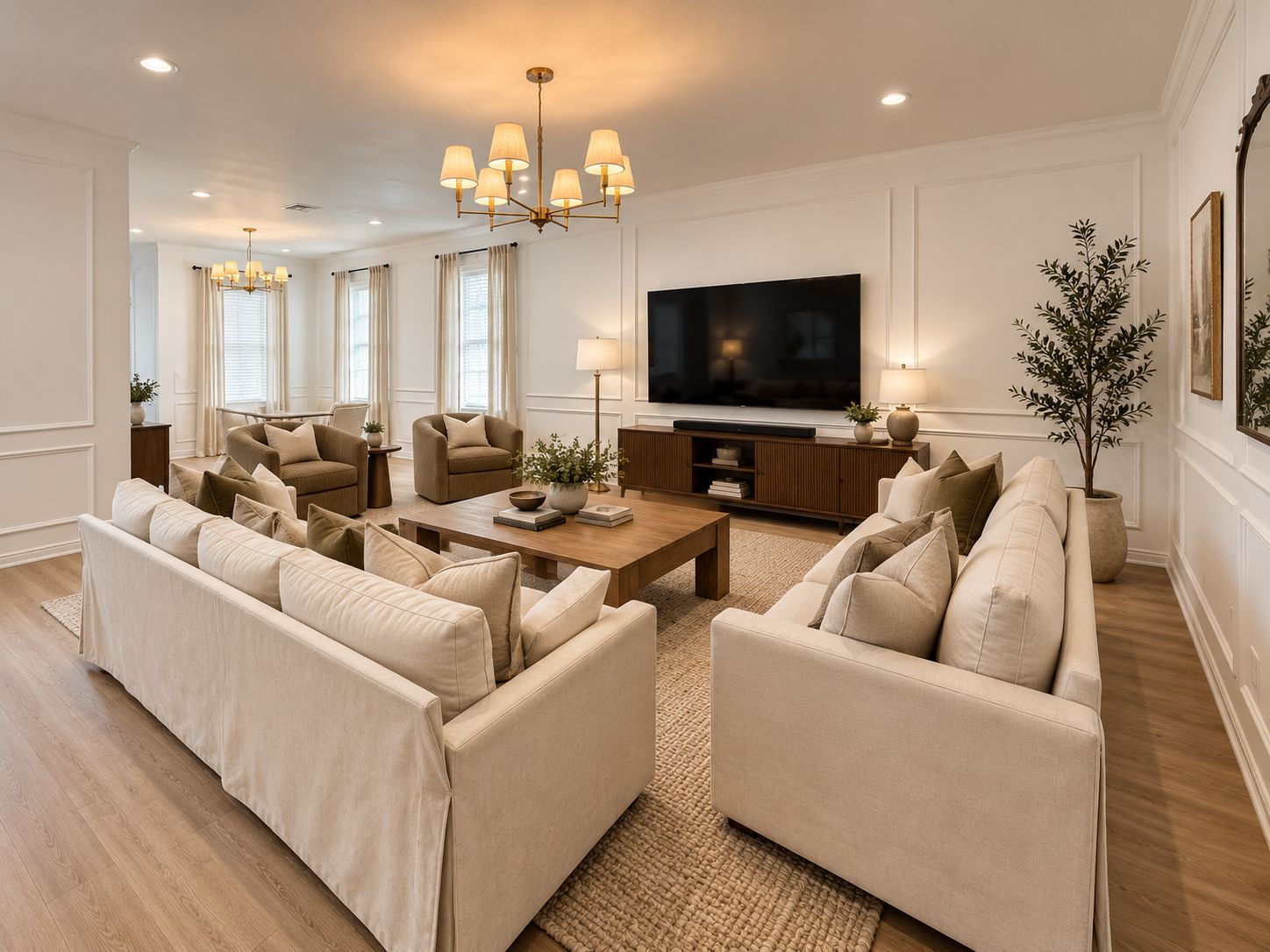 Ein modernes Wohnzimmer mit einem großen Flachbildfernseher, beigefarbenen Sofas, einem Holztisch und einer Chandelüster.