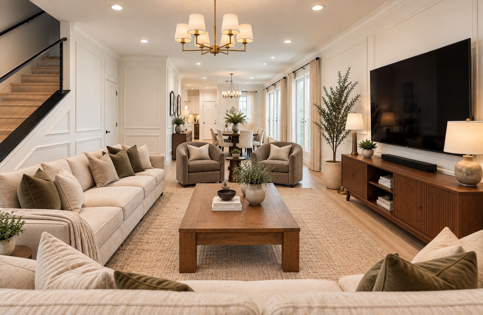 A spacious living room with a sofa set, a coffee table, and a television on a wooden cabinet.