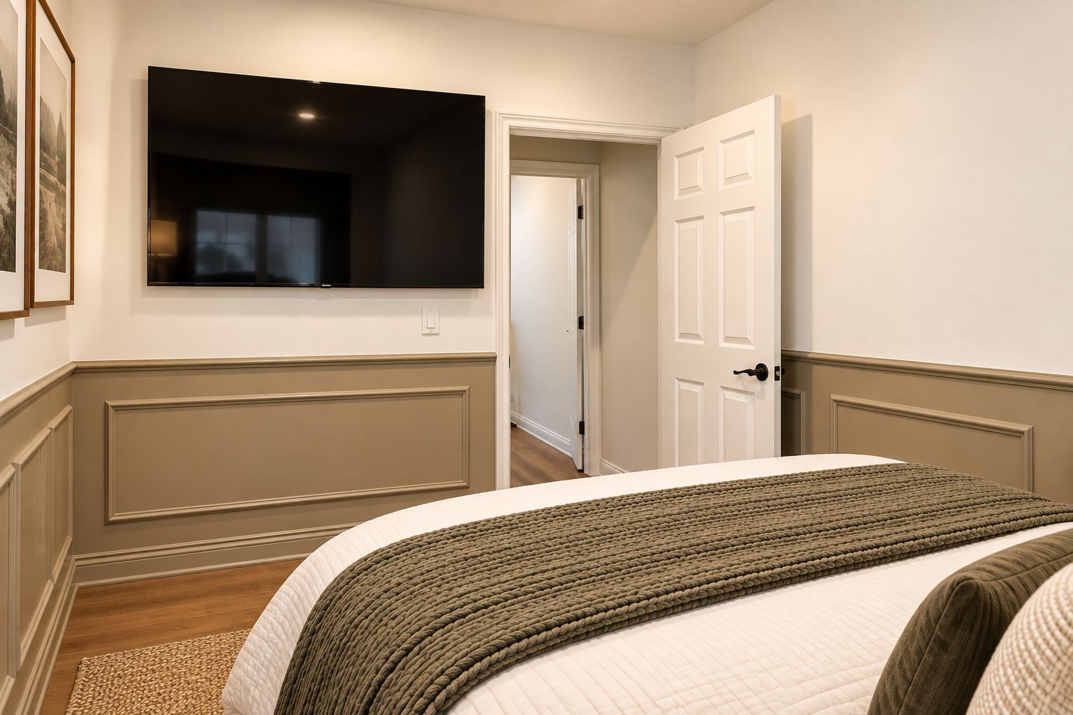 A bedroom with a bed, a television mounted on the wall, and a door leading to another room.