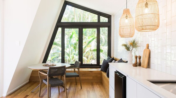 Fridge, microwave, coffee/tea maker, toaster