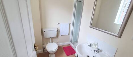 A bathroom with a toilet, sink, and shower.