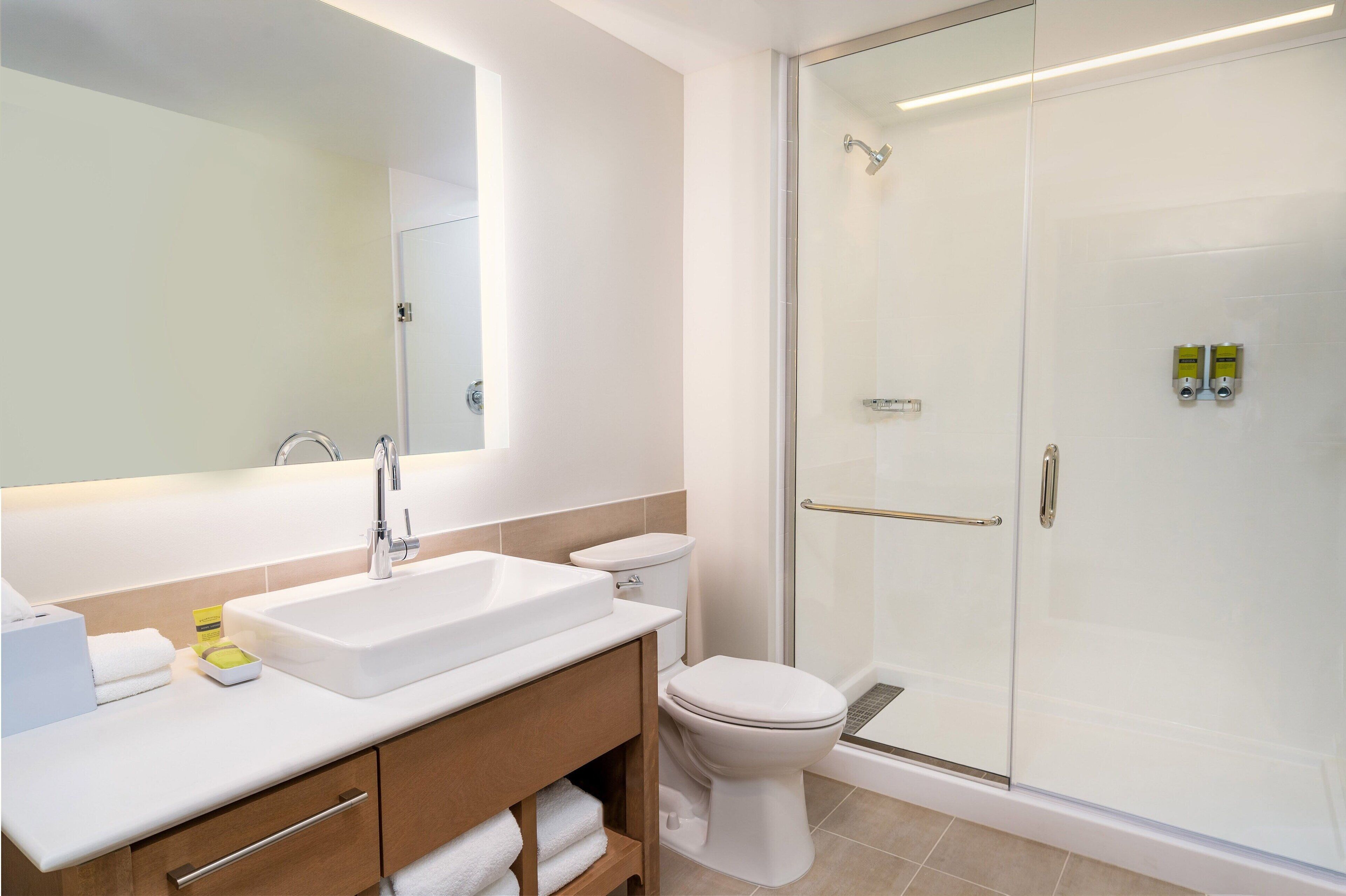 combined shower/bathtub, free toiletries, hair dryer, towels