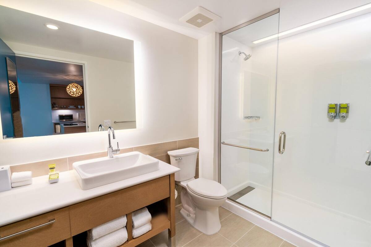 combined shower/bathtub, free toiletries, hair dryer, towels