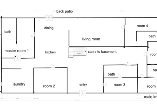 A floor plan with a master room, dining area, kitchen, living room, entry, and three bathrooms.