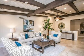 Smart TV, fireplace, video games, DVD player