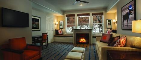 TV, fireplace, video games, DVD player