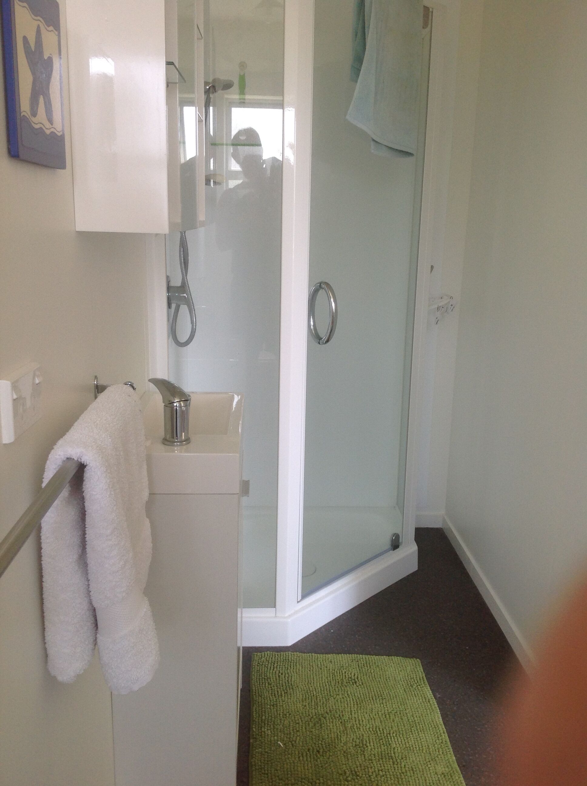 Shower, hair dryer, towels, toilet paper