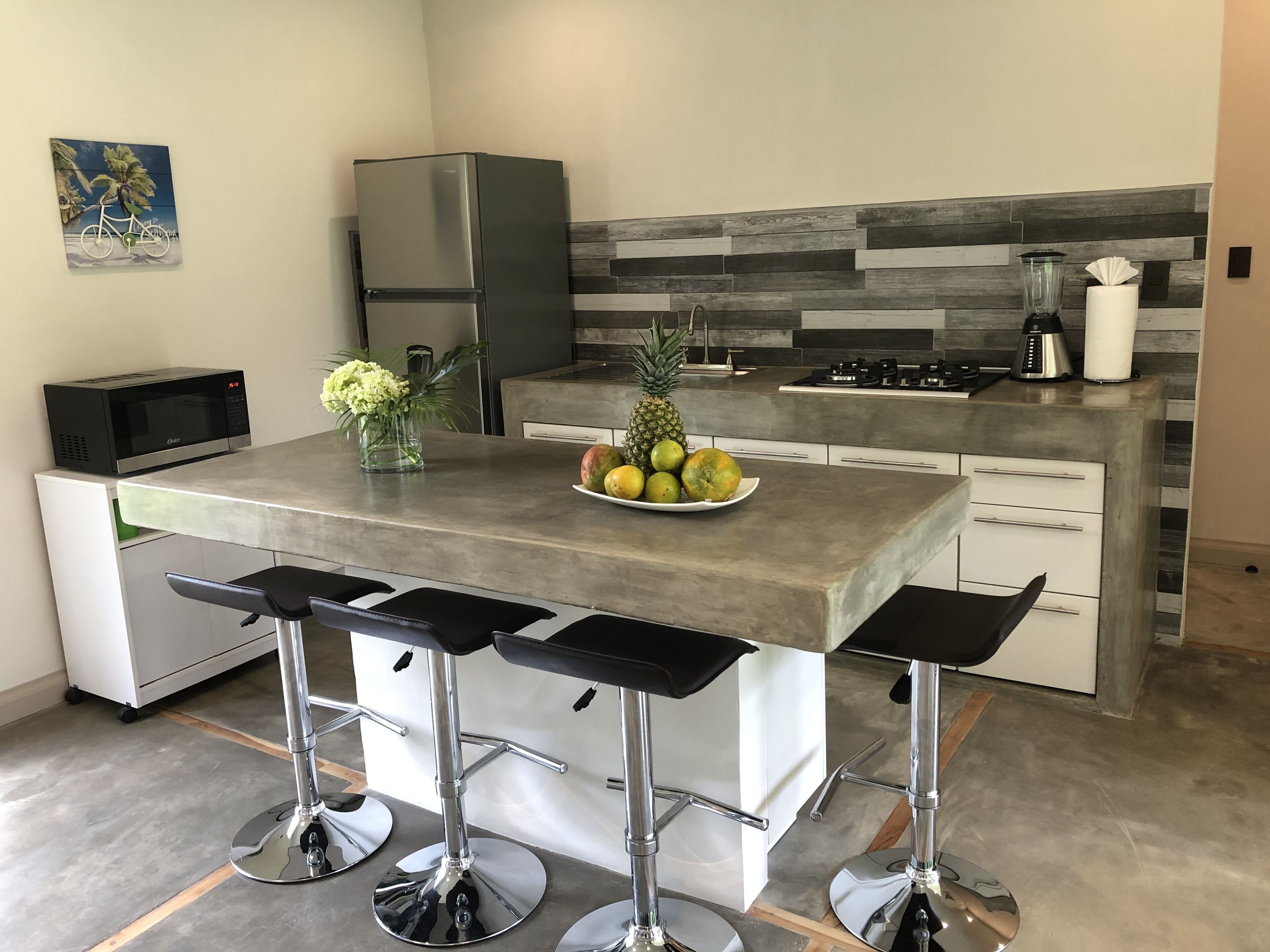 Fridge, microwave, stovetop, coffee/tea maker