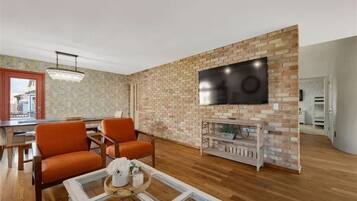 Smart TV, fireplace, foosball, computer monitors