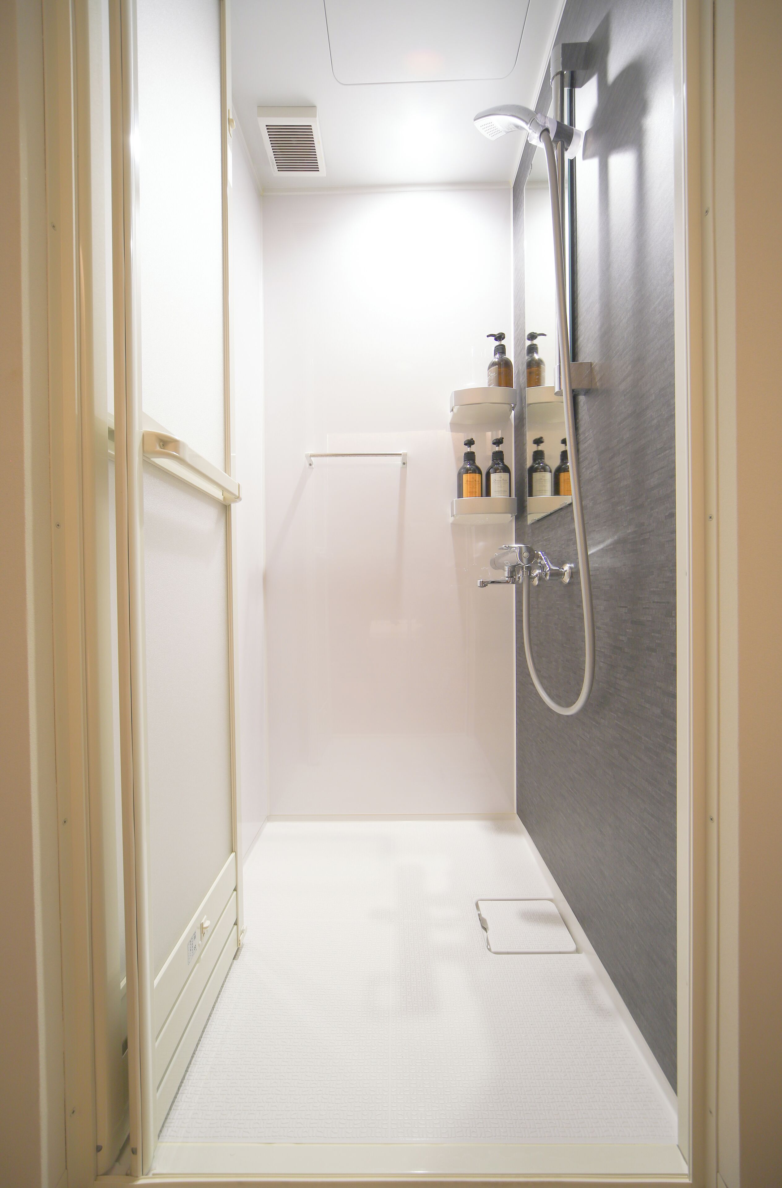 Une petite salle de bain blanche, avec une douche, une petite étagère contenant des articles de toilette et une porte blanche sobre.