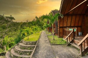 Un sentier mène à un bâtiment en bois doté d’un escalier, le tout étant entouré d’une végétation luxuriante.