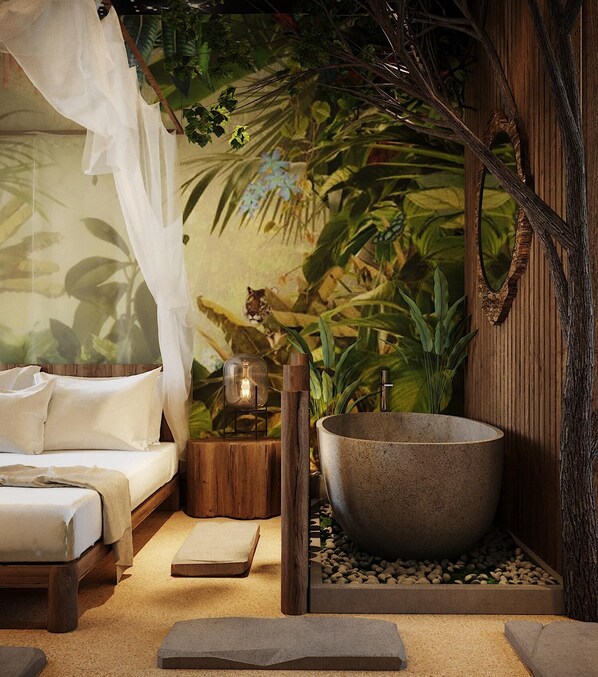 Hydromassage showerhead, designer toiletries, hair dryer, bathrobes