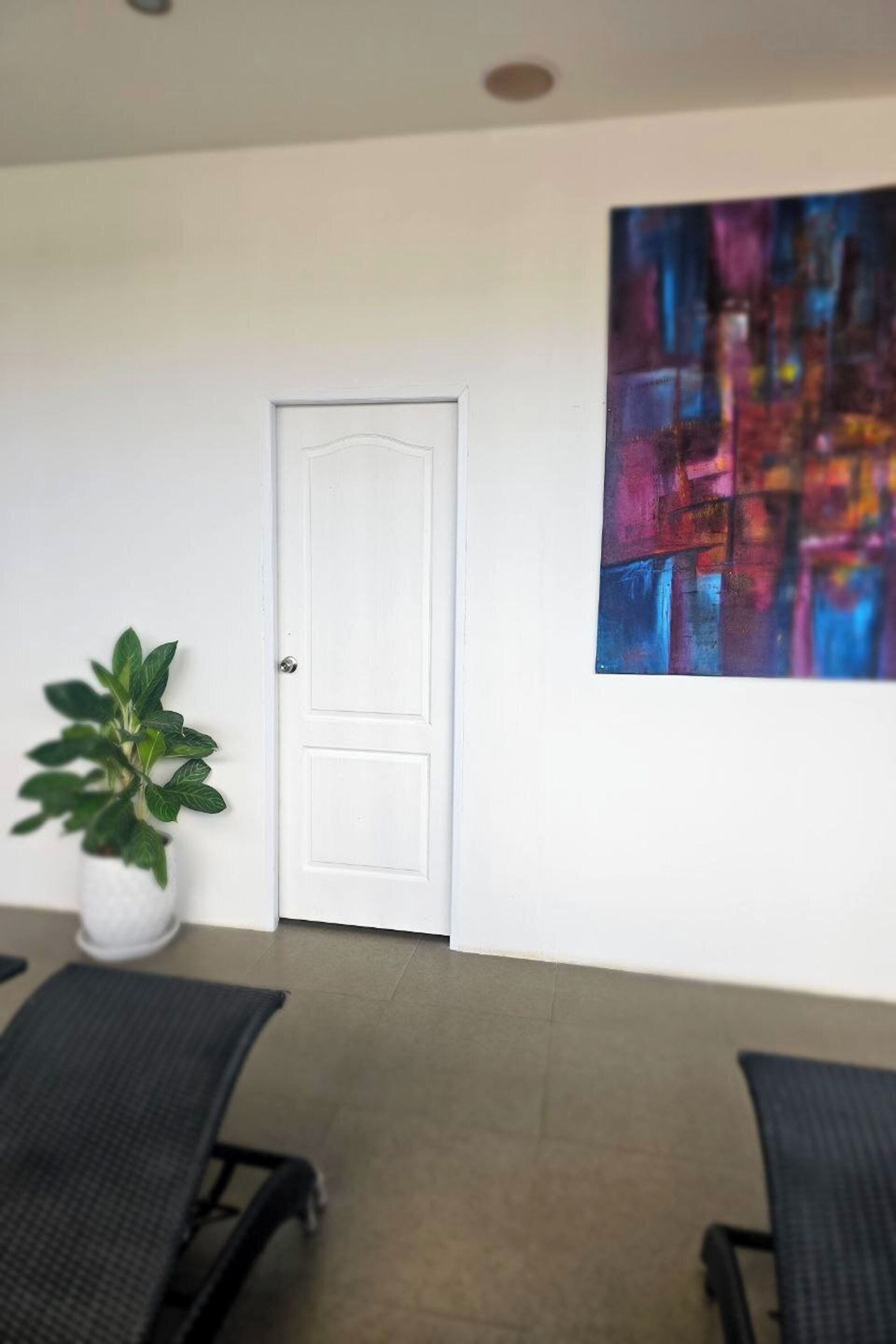A waiting area with a white door, a potted plant, and a colorful abstract painting on the wall.