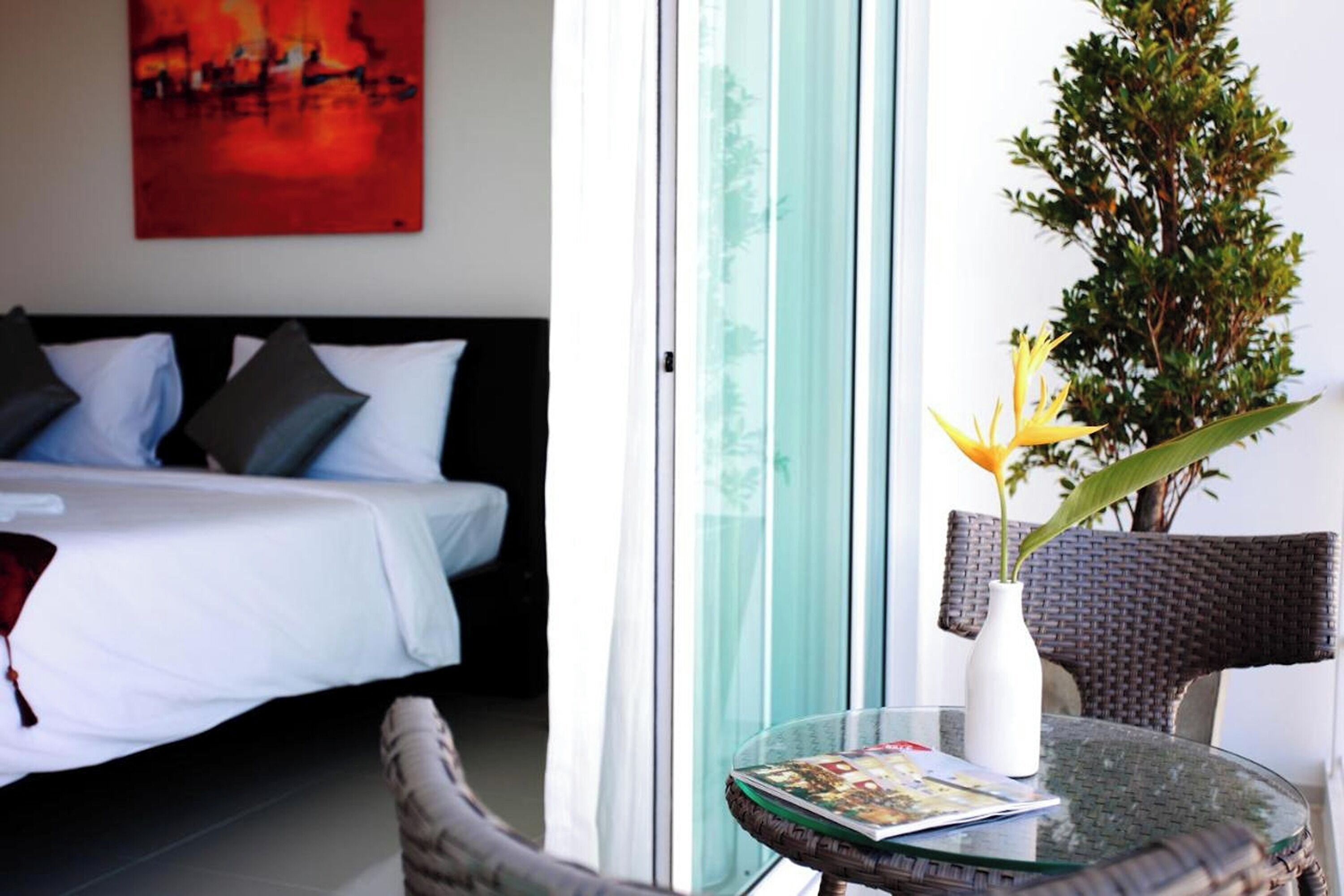 A hotel room with a bed, a glass table with a magazine, a potted plant, and a chair.