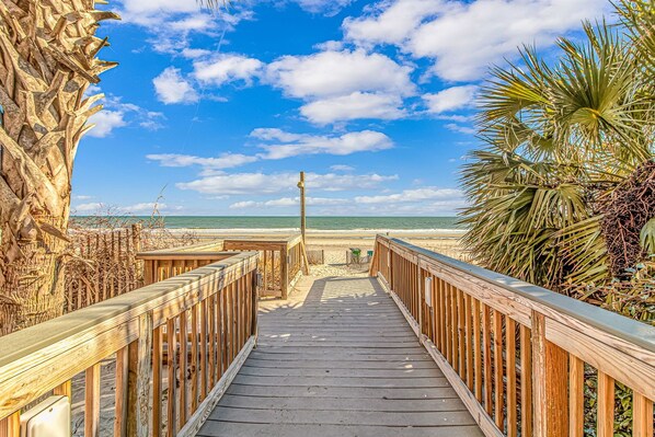 Walk along the beachside boardwalk, flanked by lush vegetation and the ocean.
