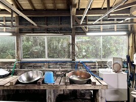 Una cocina rústica con vigas de madera, un ventanal con vistas a follaje denso y un lavabo con una manguera azul.