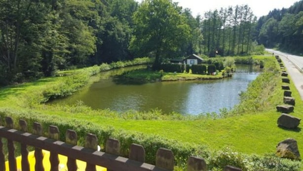 A pond surrounded by lush greenery and a small building in the background. - Hotel Bergische Schweiz (Velbert)