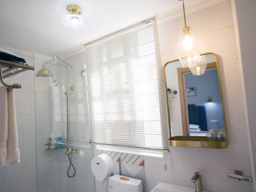 A bathroom with a glass shower enclosure, a toilet, a sink, and a mirror.