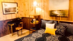 Une pièce chaleureuse avec un mur en bois, un tableau encadré, une lampe, un canapé agrémenté de coussins à motifs et un tapis au motif géométrique.