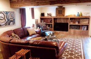 Smart TV, fireplace, books