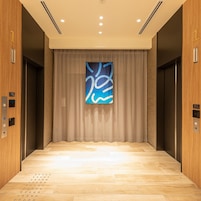 An elevator with a modern design, featuring a large abstract artwork on the wall, a wooden finish, and a floor with tactile paving.
