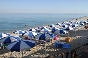 Private beach, white sand, sun-loungers, beach umbrellas