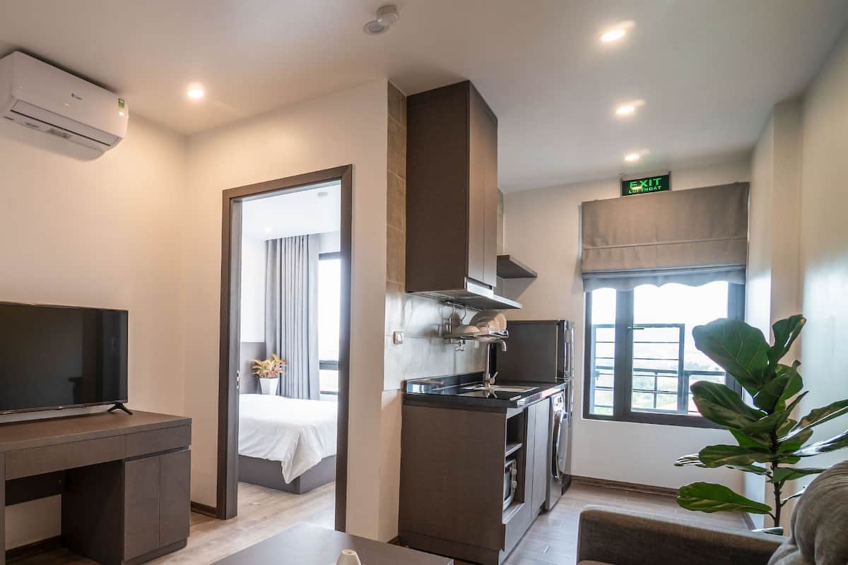 Une chambre d’hôtel moderne équipée d’un téléviseur à écran plat, d’un lavabo, d’un lit, d’une kitchenette et d’une grande fenêtre.