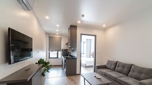 Un salon moderne avec un canapé gris, un téléviseur à écran plat fixé au mur, un coin cuisine doté d’un four et d’un micro-ondes encastrés, et une grande fenêtre laissant entrer la lumière naturelle.
