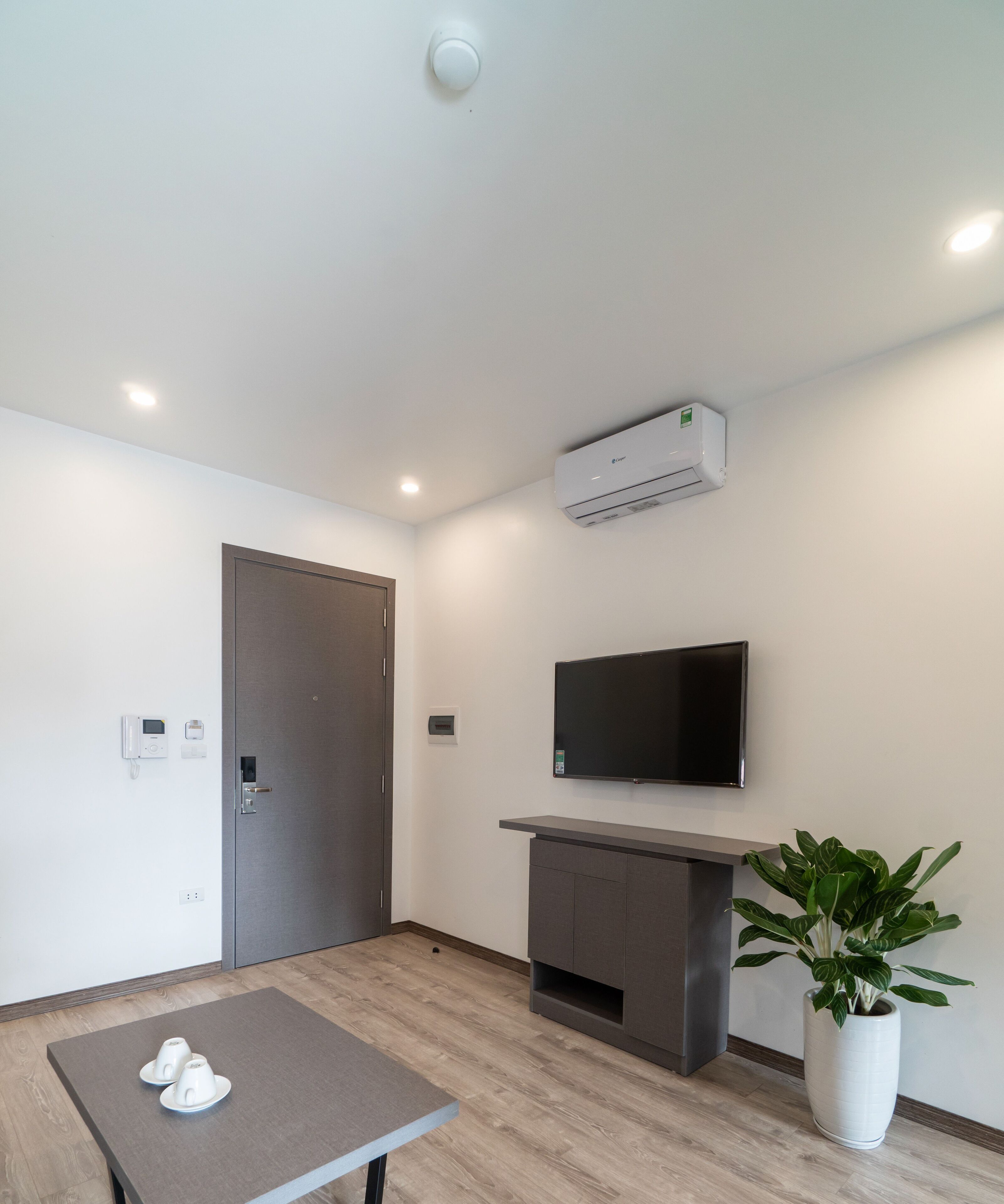 A modern, minimalist room with a flat-screen TV mounted on the wall, a built-in air conditioning unit, a wooden floor, a small table with two cups, a door, and a potted plant.