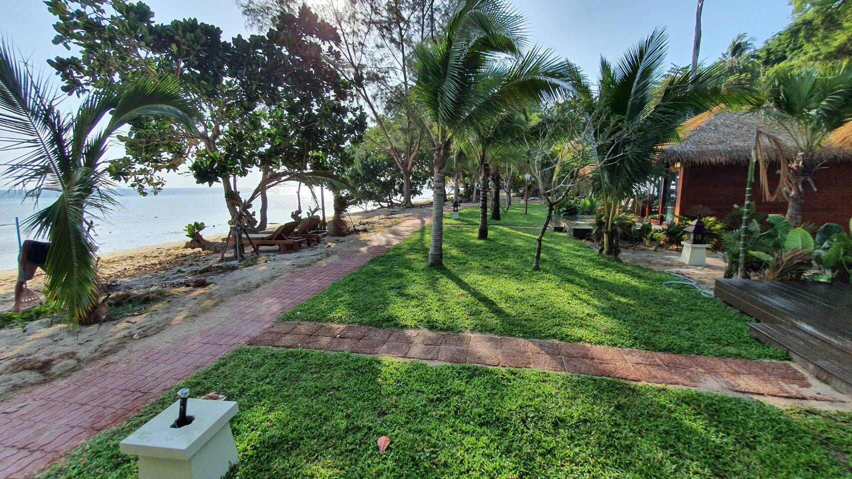 A beachside pathway lined with palm trees and a thatched-roof structure.