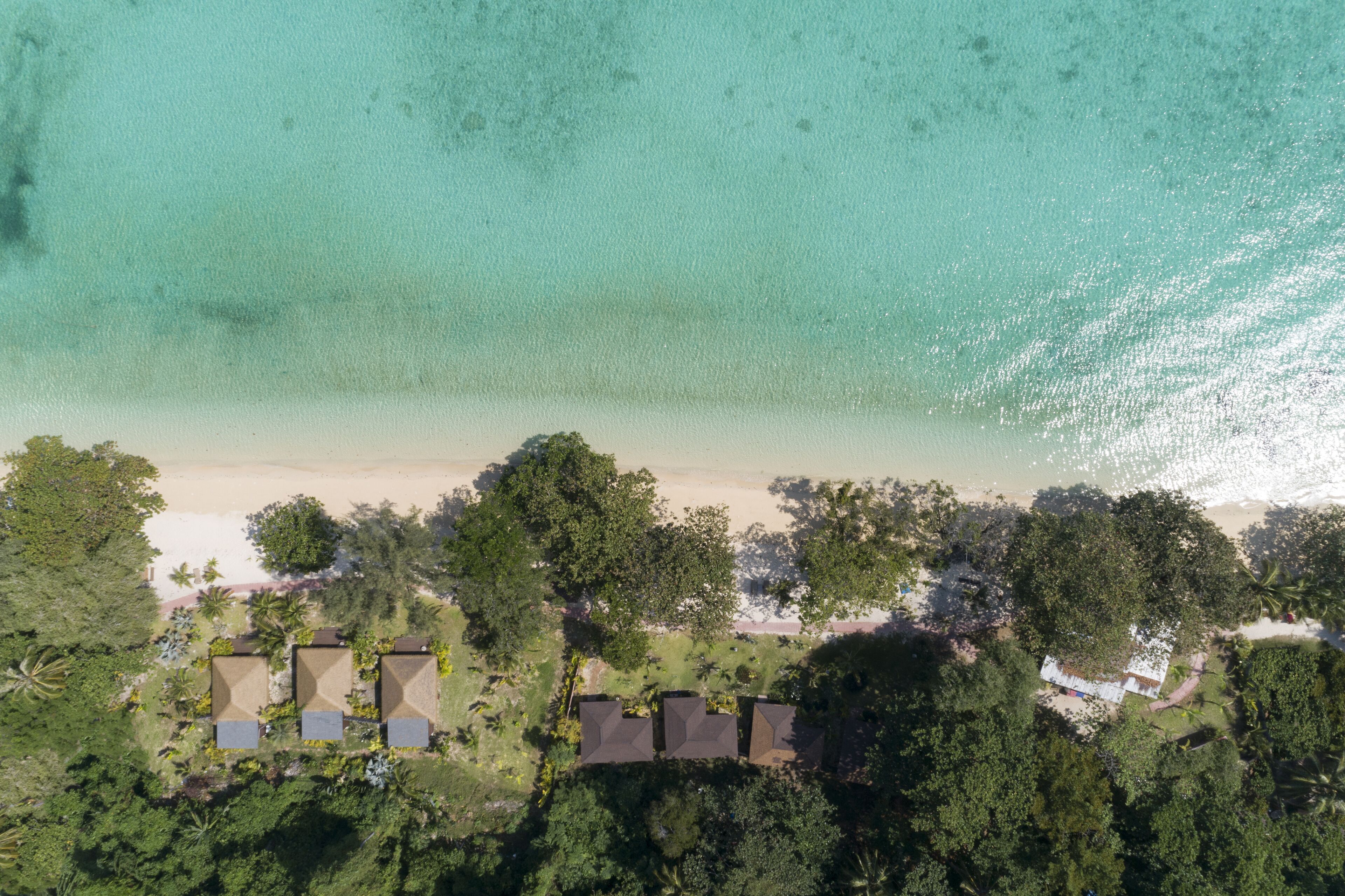 An aerial view of a beachfront property with several buildings, a sandy beach, and dense greenery.