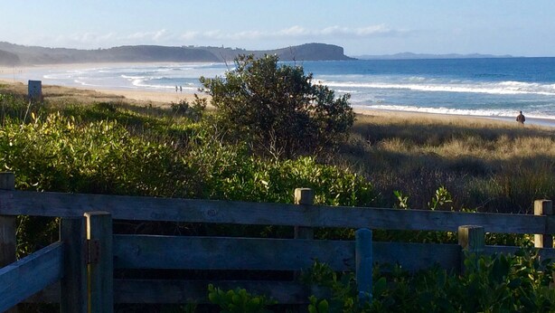 A beach with a wooden fence in the foreground, a grassy area, and the ocean in the background.