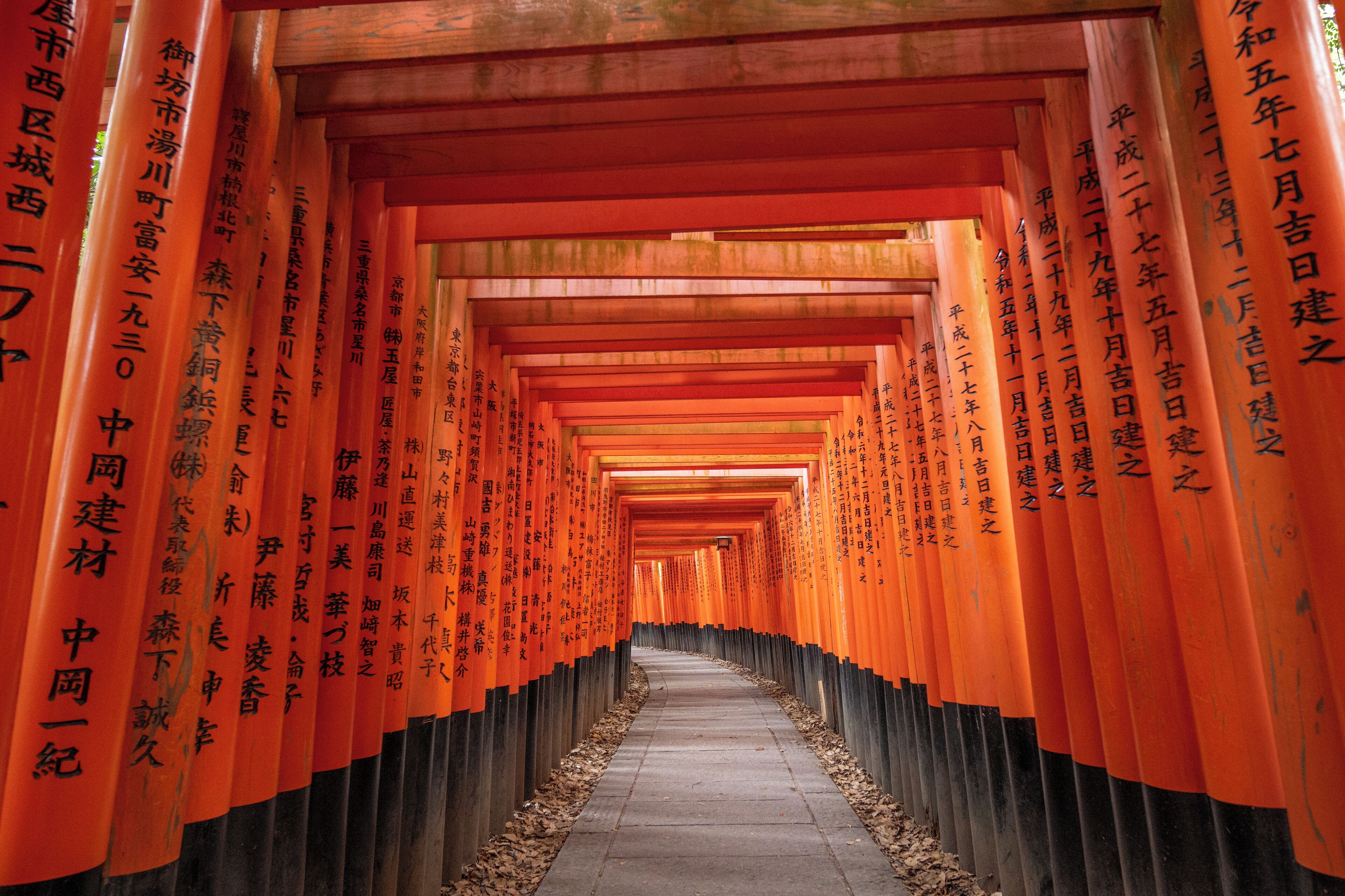 A corridor lined with orange torii gates, each with inscriptions, leading to a traditional Japanese temple.
