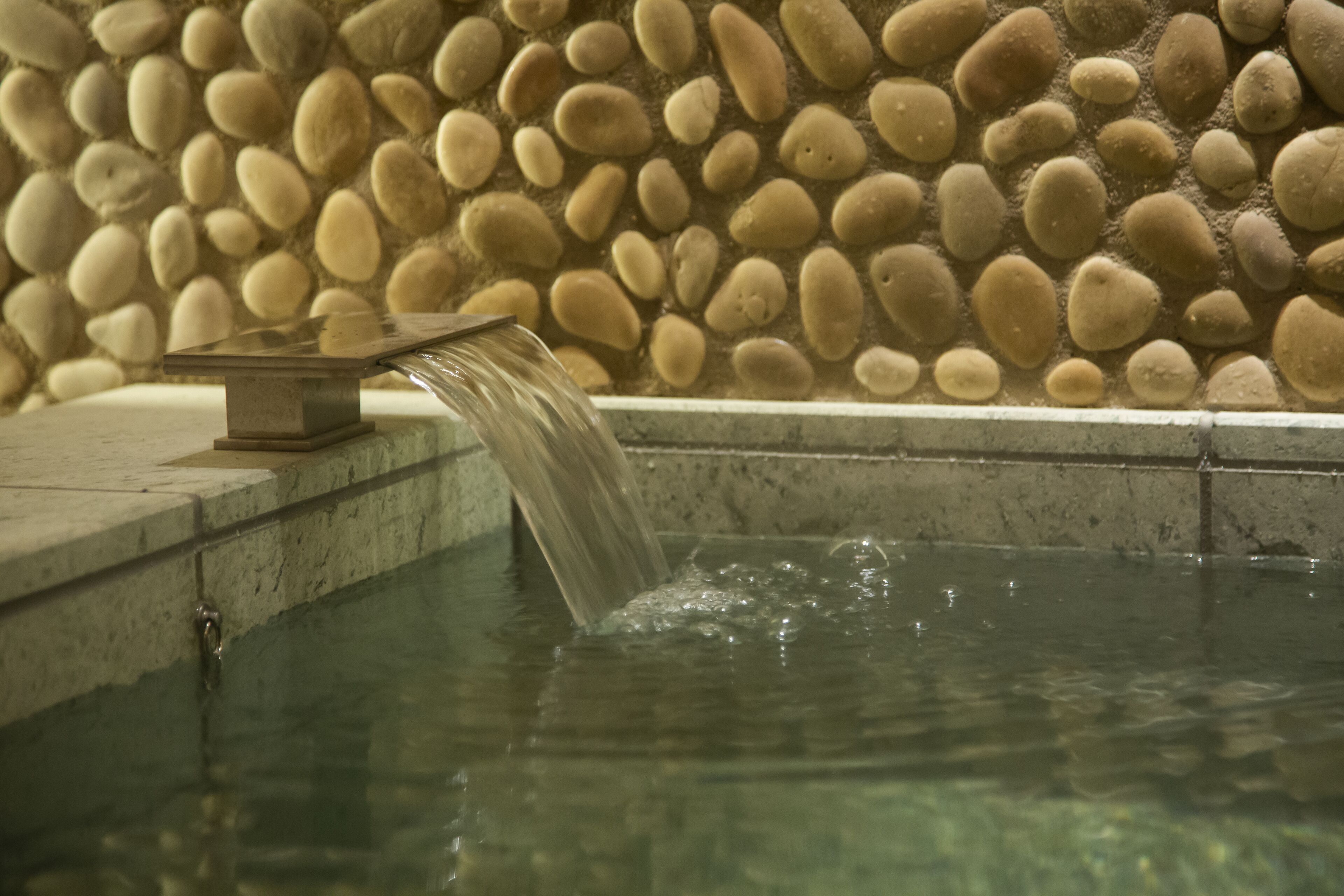 A water feature with a stone wall in the background.